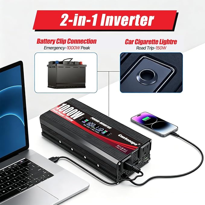 Cantonape 1000W Car Power Inverter DC 12V to 110V/120V AC Converter with LCD Display 2 AC Outlets, 3.0A USB and Type-C Car Inverter for RV Camping Laptop Truck Vehicle