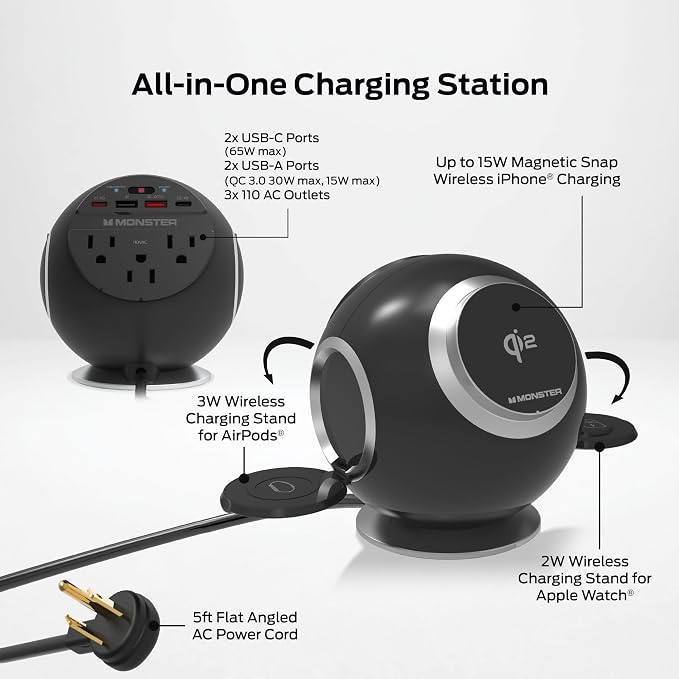 Monster 10 in 1 Charging Station, Includes 3 AC Outlets, 2 USB-A Ports, 2 USB-C PD Ports (65W Max), 3 Wireless Chargers Compatible with Qi Compatible Phones (15W), Apple Watch (5W), Air Pods (2.5W)
