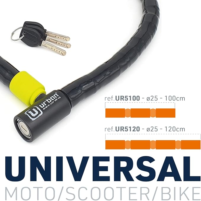 Urban UR5100 Phyton Cable Lock, Reinforced Steel Cable with Very Flexible Articulated Shielding, High Security Lock, Anti Theft Armored Cable for Motorcycle, Electric Bicycle, Scooter, 100cm/3,3ft