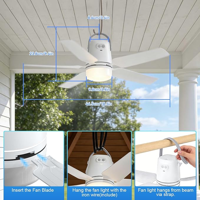 Portable Camping Fan Light, 20” 20000mAh Rechargeable Ceiling Fan with Light & Remote for Outside, Gazebo, Greenhouse, Patio, Chicken Coop, Canopy, Shed, RV, Tent - White, 4 Speed Breeze & Timer