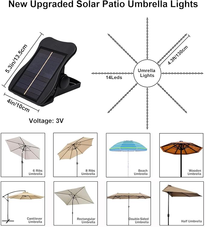 Solar Umbrella Lights, 8 Strands Patio Umbrella Lights Outdoor with 8 Modes 3V Solar Panel Clip 112 Led Outdoor Waterproof for Beach Deck Garden Camping Tents Party Decoration(Warm White)