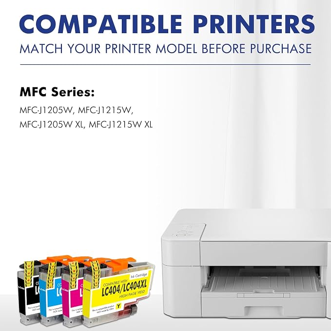 LC404 MFC-J1205W Ink Cartridges for Brother Printer LC404XL 404XL LC 404 XL Ink for MFC-J1205W MFC-J1215W MFC J1205W J1215W Printer (4 Pack, Black Cyan Magenta Yellow)