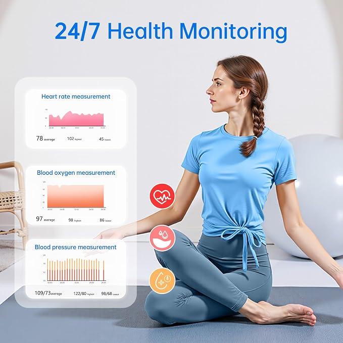 Smart Ring for Women & Men, Health Tracker Ring with Heart Rate, SpO2, Blood Pressure,Temperature, HRV & Stress, IP68 Waterproof Fitness Ring, Sleep Tracker for iPhone & Android, No App Fee(Blue, 9#)