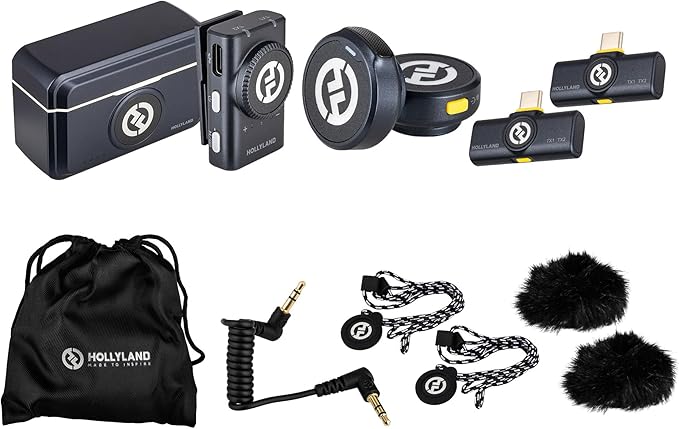 Hollyland Lark M2 Duo Wireless Lavalier Microphone System for Camera/iPhone/Android/Laptop 2-Person, 2.4GHz Clip-On Mic with Noise Cancellation 30Hr Battery for Video Recording and Streaming Bundle