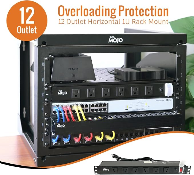 Tecmojo 1U Rackmount Network-Grade PDU, 12 Wide-Spaced Right Angle Outlets, Circuit Breaker 12A (UL Certified 12A) 6ft Cord w/ 5-15P Plug, Black