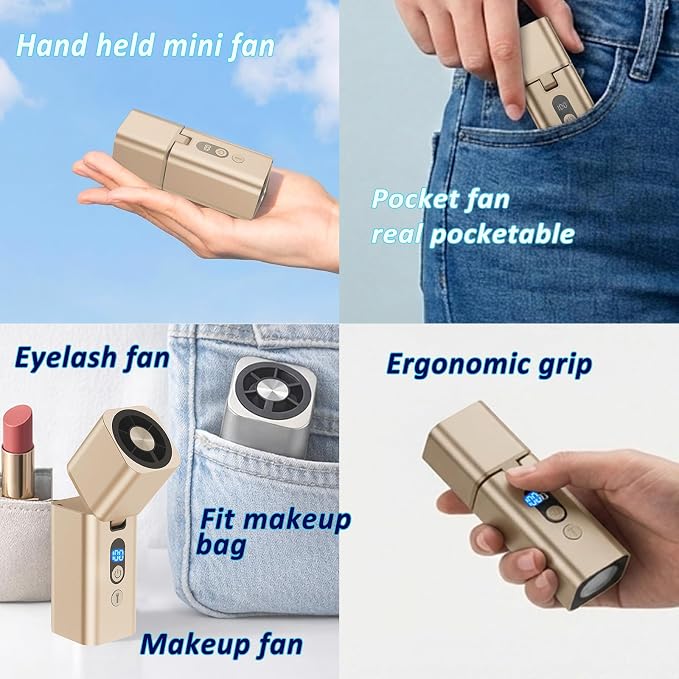 Metal Mini Handheld Fan 1-100 speed 15000RPM, 5000mAh Rechargeable Powerful Handheld Turbo Fan with Flashlight, Personal Portable Mini Hand Held Fan for Travel Camping Beach,Gifts for Women (Gold)