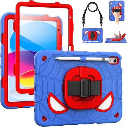Grifobes Case for iPad A16 11th/10th Generation 2025/2022 11/10.9 inch, Full Body Protection with Screen Protector/Pencil Holder/Stand,Hand/Shoulder Strap for i Pad 11/10.9 Cover Blue+Red