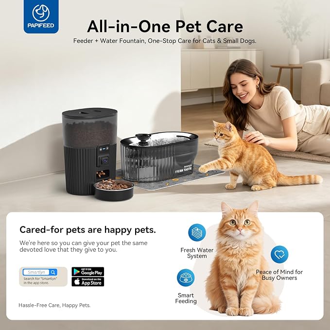 PAPIFEED Automatic Cat Feeder and Water Fountain Stainless Steel, WiFi Timed Auto Cat Feeder with Camera & App, Cat Food & Water Dispenser, Quiet Pet Drinking Fountain with LED, Smart Dog Feeder Set