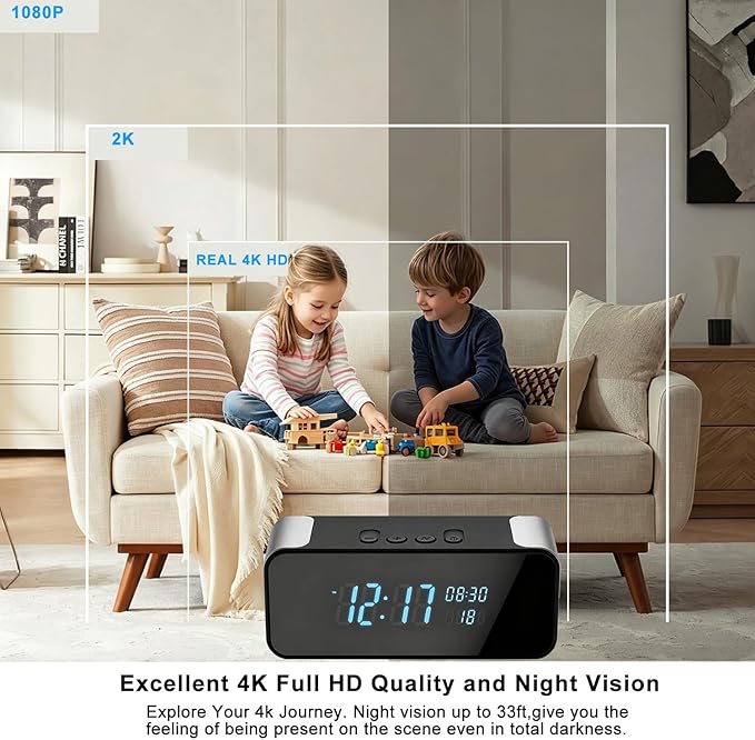 4K Hidden Camera Alarm Clock with Bluetooth, WiFi Wireless Nanny Cam for Home Security with Night Vision, Motion Detection, Remote Live Stream
