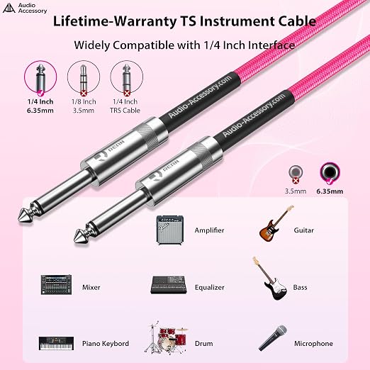 AA AUDIO ACCESSORY Guitar Cable 6.6ft, Nylon Braided Anti-Kinking Kevlar-Reinforced, 20AWG 99.99% OFC 1/4 Instrument Cable, Dual Shielded Amp Cord for Fender Electric Guitar,Neon Pink
