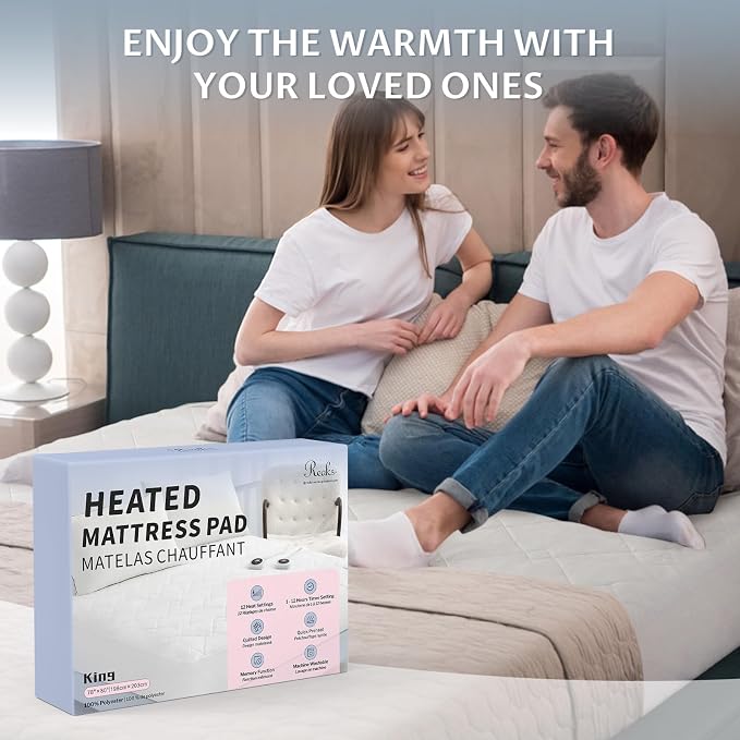 King Size Electric Heated Mattress Pad - Quilted Bed Warmer with Memory & Preheat Functions, 12 Heat Settings Dual Control for 1-12 Hours Auto Off, Lighted Button