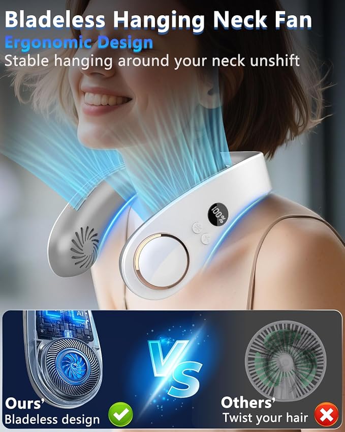 Neck Fan with Cooling Plate,Portable Neck Fans that Blow Cold Air Rechargeable Battery Powered Air Conditioner,Bladeless Wraps Body Ac, Wear Around the Neck Coolers for Extremely Hot Weather White
