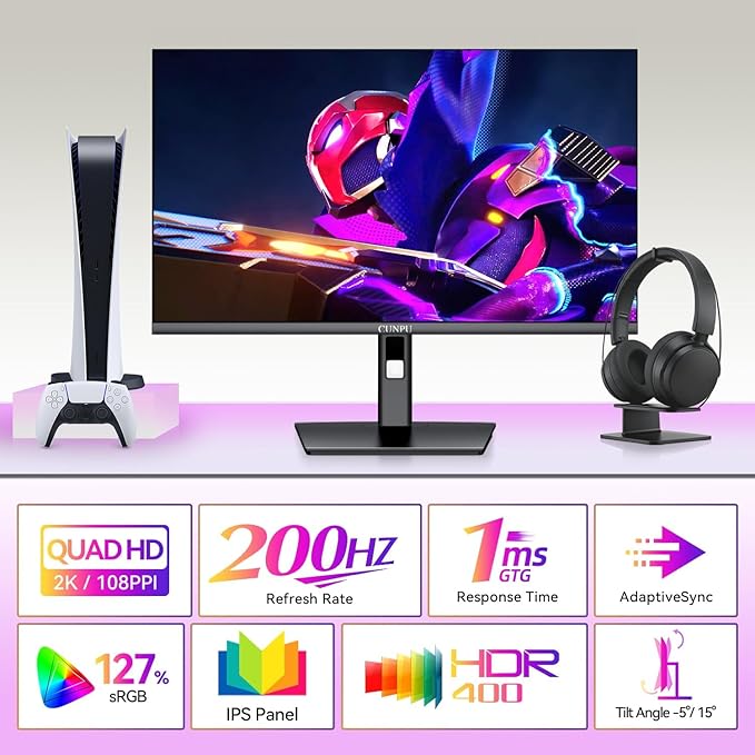 CUNPU 27 Inch 1440p Gaming Monitor 200Hz, 1ms, Fast IPS Screen, HDR400, 127% sRGB Color Gamut, Tilt Adjustable Stand, Adaptive Sync Technology, HDMI & DP Ports, 2K Monitor, Black