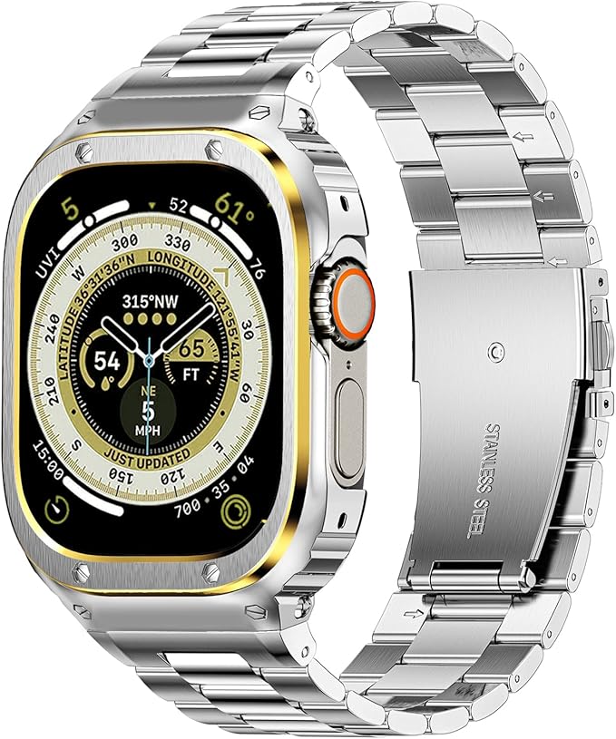 MioHHR Stainless Steel Band and Case Compatible with Apple Watch Band 49mm, Men Metal Protective Bumper Cover for iWatch Series Ultra 3/2/1, Silver/Gold