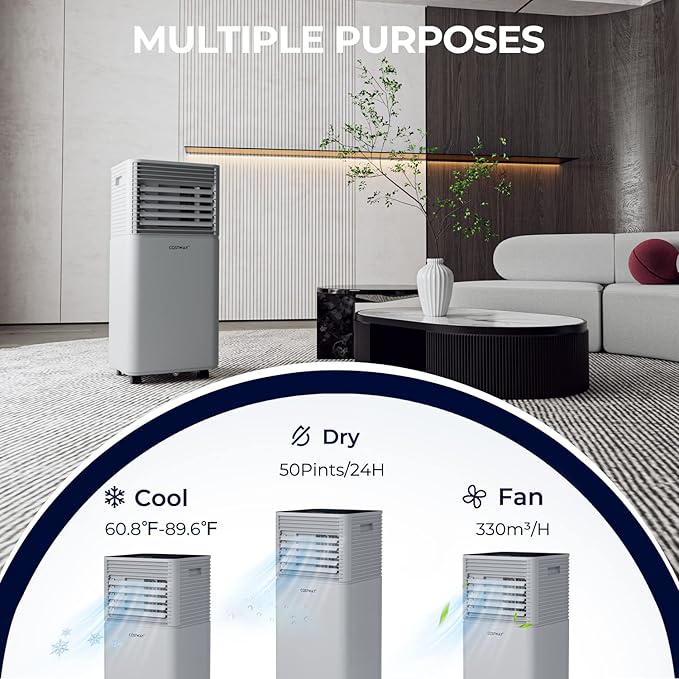 COSTWAY Portable Air Conditioners, 10000BTU Spaces up to 350sq.ft, with Remote Control, 24H Timer & Window Venting Kit, Multi-function AC Unit with Sleep Mode, for Bedroom, Living Room(10000BTU, Grey)