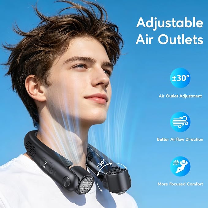 Portable Neck Fan with Cooling Plates, 6000mAh Rechargeable Wearable Fan with 1-100 Speed Control, Hands-Free Personal Cooling Fan with Digital Display, Adjustable Air Outlets for Travel Outdoor