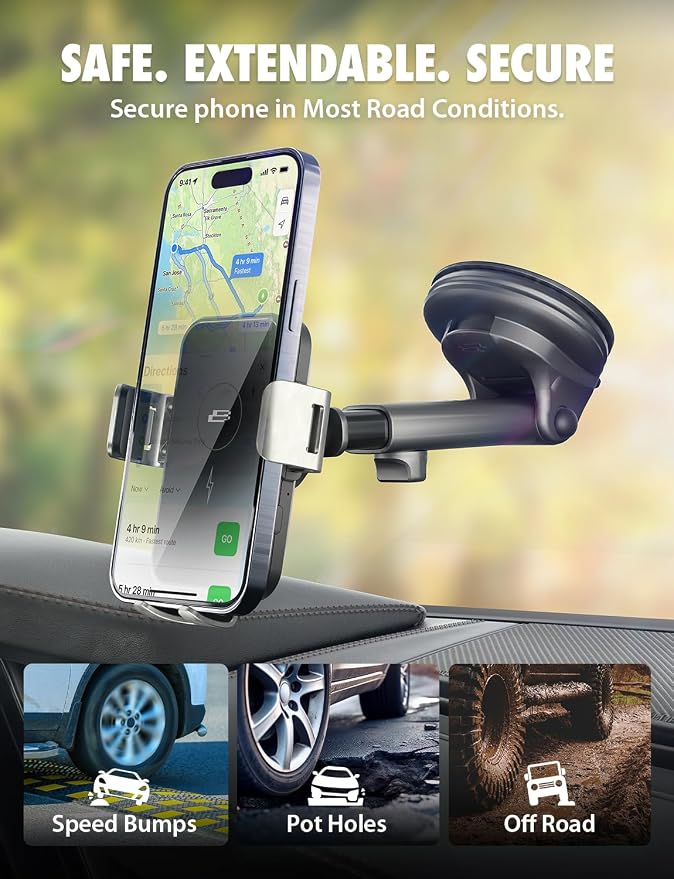 Bracketron PwrUp 15W Qi Fast Wireless Car Charger Mount – Dashboard, Windshield & Air Vent Phone Holder with Automatic Clamping, USB-C Cable, and Telescoping Arm