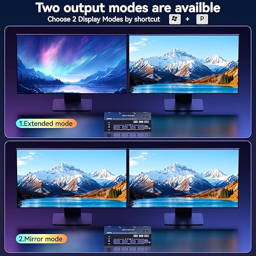 KVM Switch 2 Monitors 2 Computers Displayport HDMI 4K@144Hz, USB3.0 Dual Monitor KVM Switch for 2 Computers Share 2 Monitors and 4 USB Peripherals,Wired Remote 12V Adapter and 2 USB Cable