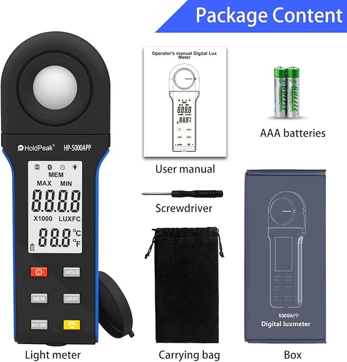 Illuminance Light Meter with Bluetooth 2PCS, HOLDPEAK Digital Lux Foot Candles Meter 0.1~400,000 Lux with 270º Rotating Sensor, Lumen Meter Luxmeter for Plants, Car Headlights, Home & Office LEDs