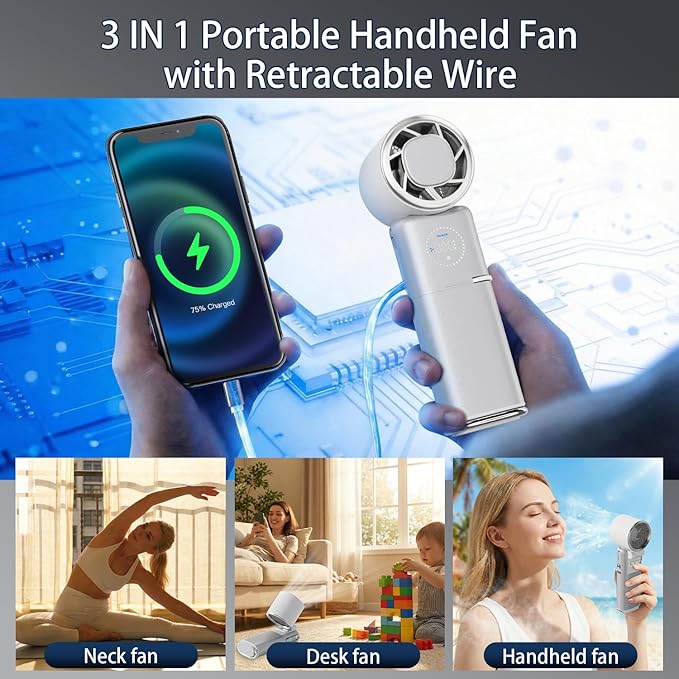Portable Handheld Fan, 9000mAh Small Turbo Hand Held Fan, Doubles as Power Bank, Build-In Retractable Wire, 100 Speed Scroll Wheel, Personal Rechargeable Fan for Travel & Outdoor - Sliver White