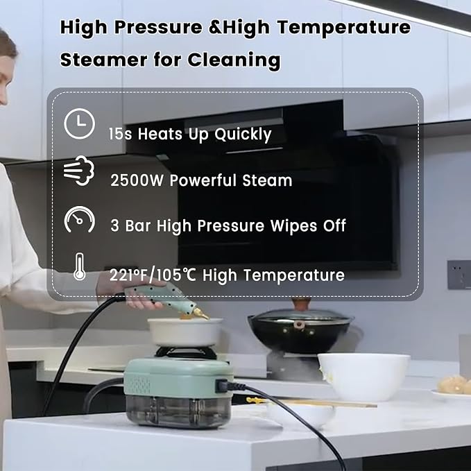 Steam Cleaner, Portable Pressurized Steamer for Cleaning with 14pcs Accessories, 6-Level Adjustable and 15s Heat-Up, Handheld Steam Cleaner for Home, Tile, Dirt, Grout, Grease, Car Detailing(7-Green)
