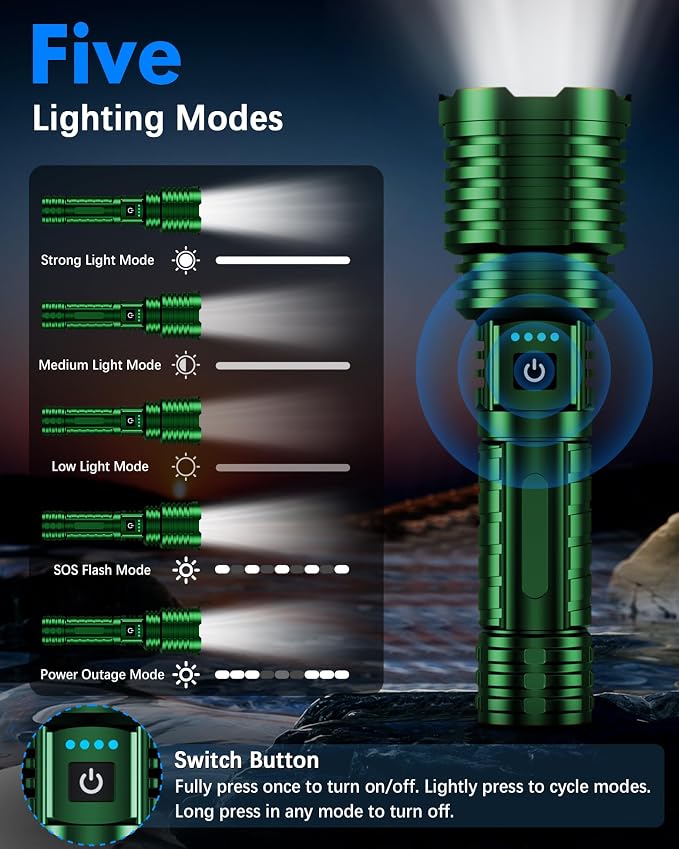 Super Bright Rechargeable LED Flashlights 2500,000 High Lumen, Flashlight Up to 25H Long Battery Life| Zoomable| 5Light Modes| IP67 Water Resistant, Tactical Flashlight for Camping (Green)