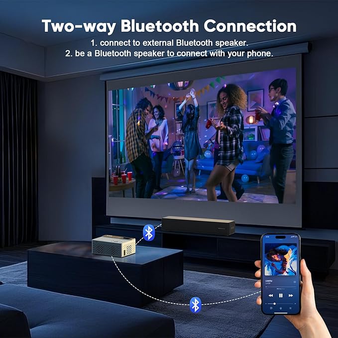 TMY 1080P Full HD Portable Mini Projector, Bluetooth Movie Projector, Compatible with TV Stick/Smartphone/PC/Game Console/HDMI/USB, Indoor & Outdoor Use, with Projector Screen