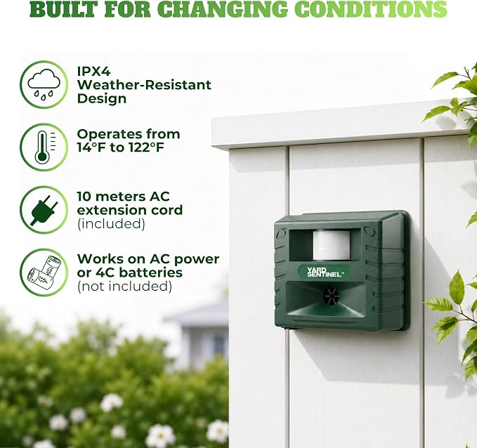 ASPECTEK Yard Sentinel Ultrasonic Animal Repeller, 5500 Sq. Ft. Coverage with 24Hrs Motion Sensor, Night Scanner, Deterrent for Deer, Raccoon, Bear, Rabbit, Skunk and Fox, Includes 10m Extension Cord