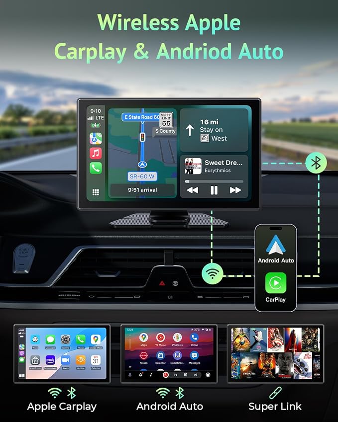 Carplay Screen for Apple CarPlay & Android Auto for Car with 4K Dash Cam,Backup Camera,Portable 9" HD IPS Screen for Car,GPS Navigation,Bluetooth,AirPlay,AUX/FM for All Vehicles