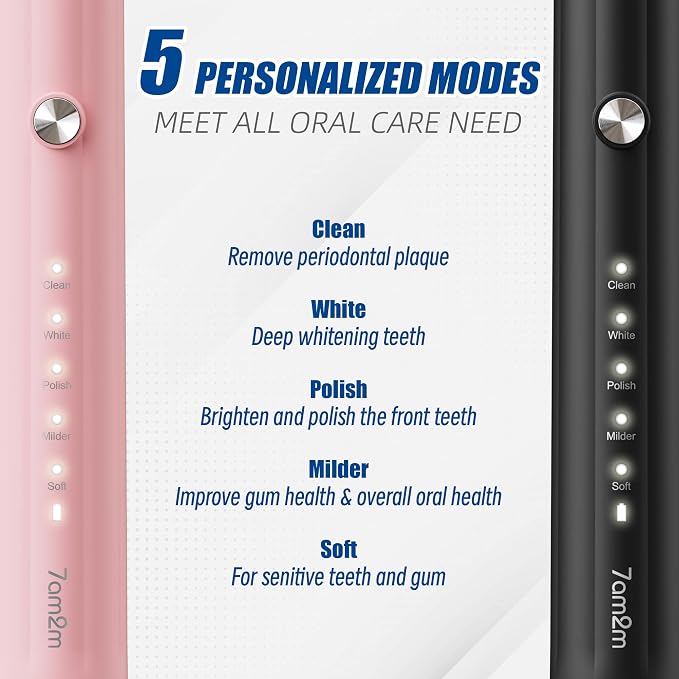 7AM2M Rechargeable Sonic Electric Toothbrush 2 Pack, Soft Toothbrushes for Adults and Kids with 12 Brush Heads, IPX7 One Charge Use for 90 Days, 5 Modes with 2 Minutes Build in Smart Timer