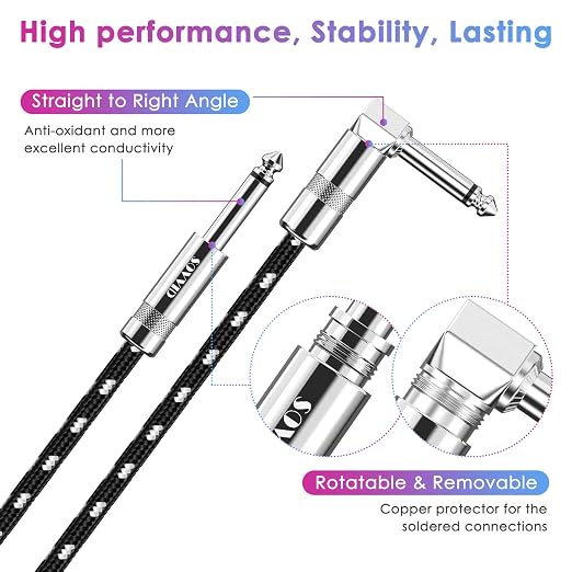 10FT 2 Pack Instrument Cable - Electric Guitar & Bass Guitar Cable with Right Angle 1/4 Inch Connector - Black & White