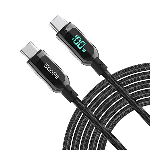 SOOPII 100W 6.6ft USB C to USB C Cable Fast Charge, Nylon Braided Cable with LED Display for lPhone 15/15 Pro/15 Plus/15 Pro Max,lPad Air,MacBook Pro,Galaxy S24/S23, Pixel, LG (Black)