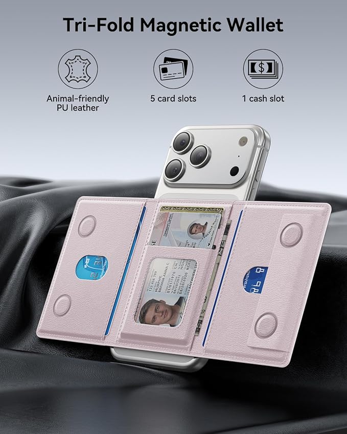 for MagSafe Wallet, 8 Card Holder, RFID Blocking, Magnetic Stand Phone Wallet for iPhone 17/16/15/14/13/12 Pro Max Plus Air Series, 5 Card Slots & 1 Cash Slot,Pink