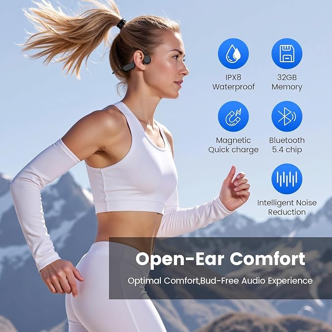 Swimming Headphones,IPX8 Waterproof Underwater Swimming Headphone,Bluetooth 5.4 Bone Conduction Earbuds Built-in 32G Memory,Open Ear Sport Earphones for Running Cycling