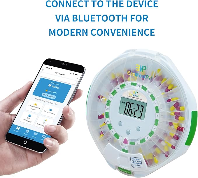 EziMedPil Bluetooth Automatic Pill Dispenser with App, Alarm, Light Alerts | Caregiver Tracks Adherence History on App, 28-Day Organizer with Clear Locked Lid & Clear LCD Monitoring Friendly for Seniors