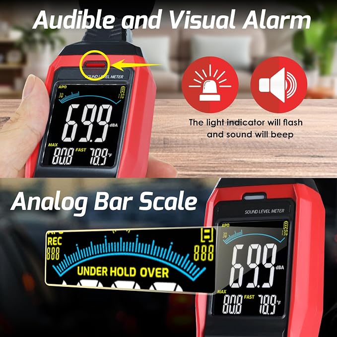 Sound Level Meter Data Logger Decibel Meter with Record Function, Portable Noise Meter 30~130dB Sound Meter A/C/Z Weighting Noise Testing with Audible Visual&Alarm, Temperatue, Analog Bar Indicator