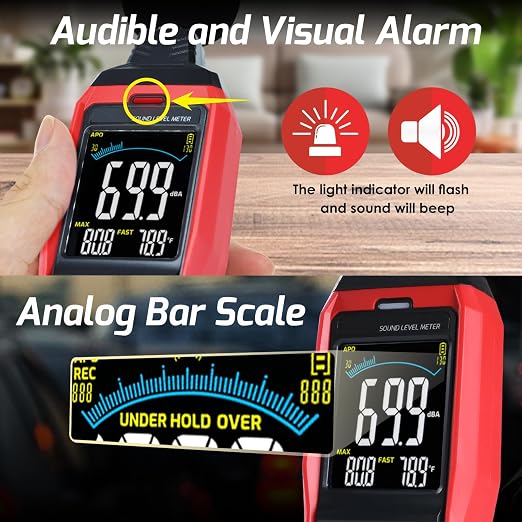 Decibel Meter Data Logger Large LCD Sound Level Meter Noise Meter A/C/Z Weighting High Accuracy Sound Meter with Audible Visual Alarm Data Recording Fast/Slow Temperature for Classroom Noisy Neighbor