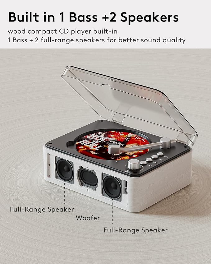 CARONSORT CD Player with Bluetooth Transmitter, Nostalgic Retro Wood Music Player, Built-in Speakers-Bass Boost, FM Radio for Home/Wired&Remote Control-White