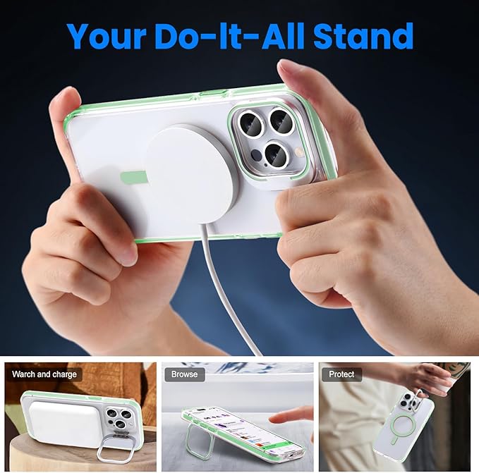 Strong Magnetic case for iPhone 14 pro max [10Ft Military-Grade Protection] Compatible with MagSafe Shockproof Slim Thin Cover 6.7 inch, Clear Light Green Stand
