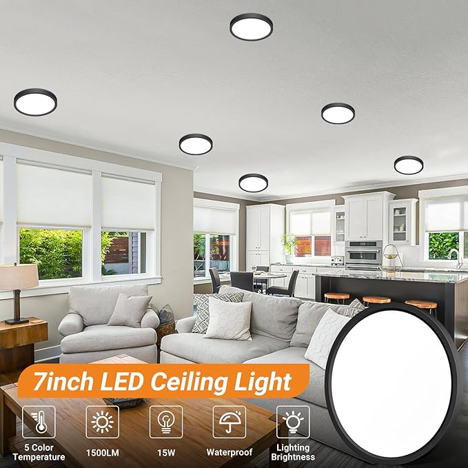 slochi 2Pack LED Flush Mount Ceiling Light Fixture, 7 Inch 15W, 1500LM, Super Slim 0.7 Inch, 3000K-6500K Adjustable Low Profile LED Ceiling Lights for Bathroom, Closet, Hallway(Black)
