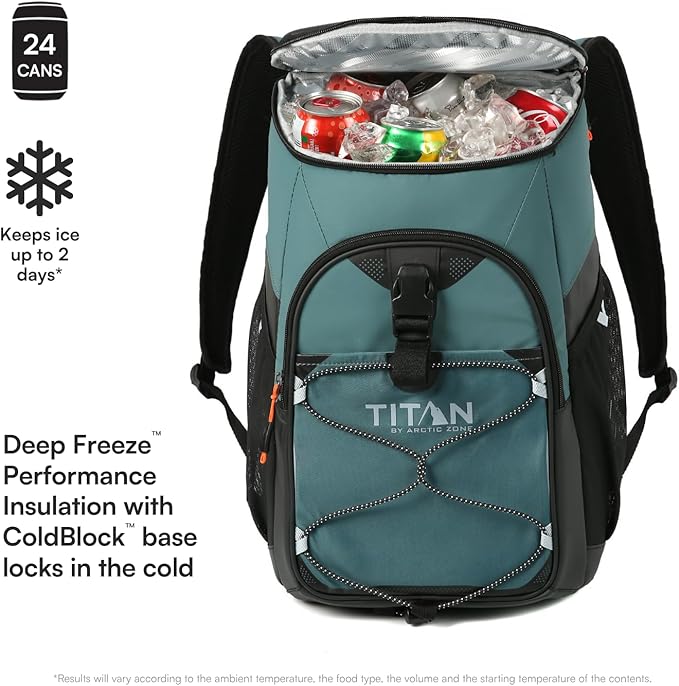 Titan by Arctic Zone Backpack Cooler, Insulated Soft Sided Bag with Leak Proof Lining and Padded Straps, for Lunch, Picnic, and Travel, 24 Can Capacity