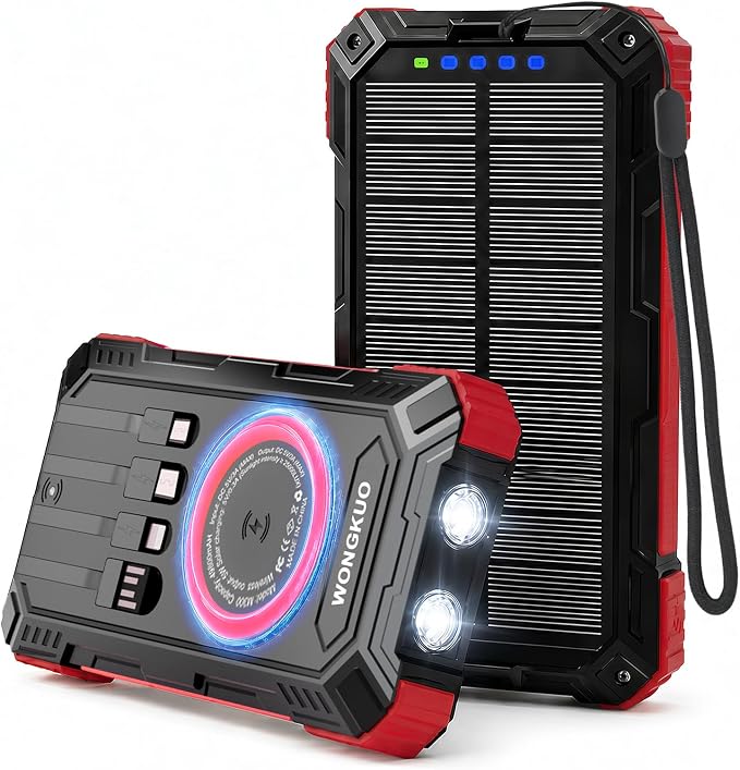 Solar Charger Power Bank - 49800mAh Solar Phone Charger with USB-C in/Output, QC 3.0 Fast Charging with LED Flashlight, Built-in 4 Cables, IP65 Waterproof Fits for Outdoor (Flash Red)
