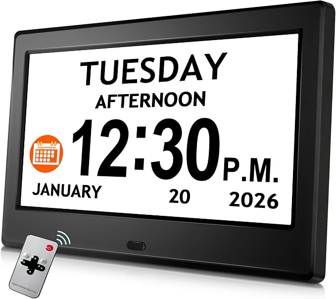 7'' Digital Clock, Dementia Clock With Date And Time, 10 Reminders, 6 Alarms, Auto-Dimming, Auto DST, Remote Control, Large Display Alarm Clock For Seniors, Gifts For People With Dementia, Alzheimers