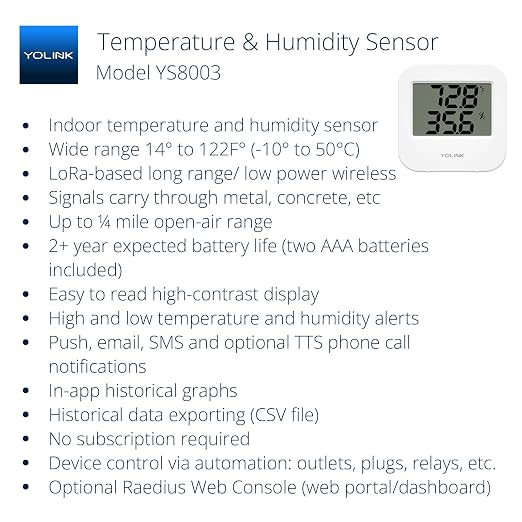 YoLink Smart Wireless Temperature & Humidity Sensor, Wide Temp Range for Fridge, Green House, Pet Cage, App Alerts, Emails, Text/SMS alerts- Hub Required