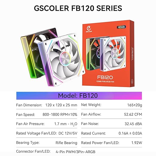 FB120-White 120mm Case Fan, Wireless Splicing/Daisy-Chain Design, Infinity Mirror 16.8M Colors ARGB PC Fan with PWM Speed Control, High Airflow, Quiet Cooling for PC Cases, CPU Liquid Coolers