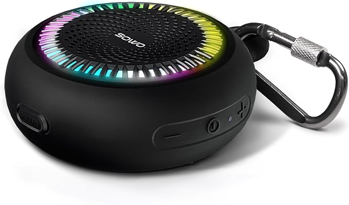 SOWO Bluetooth Shower Speaker Waterproof - Small Portable Bluetooth Speaker Wireless with Clip - Powerful Bass and Louder Volume - Colorful Lights and Lightweight