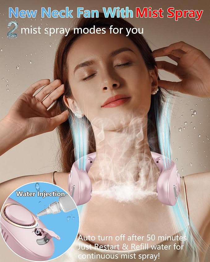 Neck Fans that Blow Cold Air Rechargeable,Mister Fan Portable Battery Operated 360°Cooling,Misting Flexible Head Wear Wireless Neck Fans for Women Men,Personal Cooler Device for Outside Summer Beach