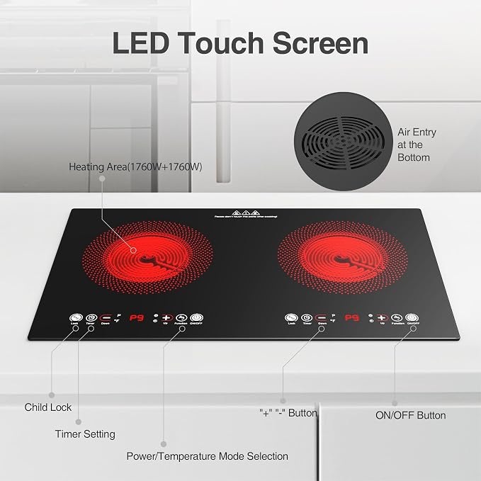 VBGK Electric cooktop,110V 24 inch 2 Burner Electric Cooktop,Built-in and Countertop Stove Top,2200W Stove,9 Power Levels, Kids Lock & Timer,LED touch control,Overheat Protection