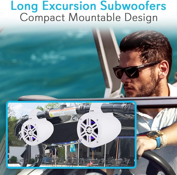 Pyle Waterproof Marine Wakeboard Tower Speakers - 4in Dual Subwoofer Speaker Set w/LED Lights & Bluetooth for Wireless Music Streaming - Boat Audio System w/Mounting Clamps PLMRLEWB47WB (White)