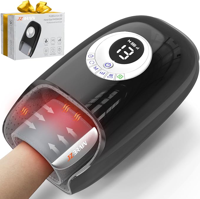 JZBRAIN Hand Massager with Heat and Compression : Full Hand & Wrist Massage, Cordless Electric Hand Massager with 6 Modes & 6 Intensities for Seniors, Office Daily Comfort & Relaxation (Black)
